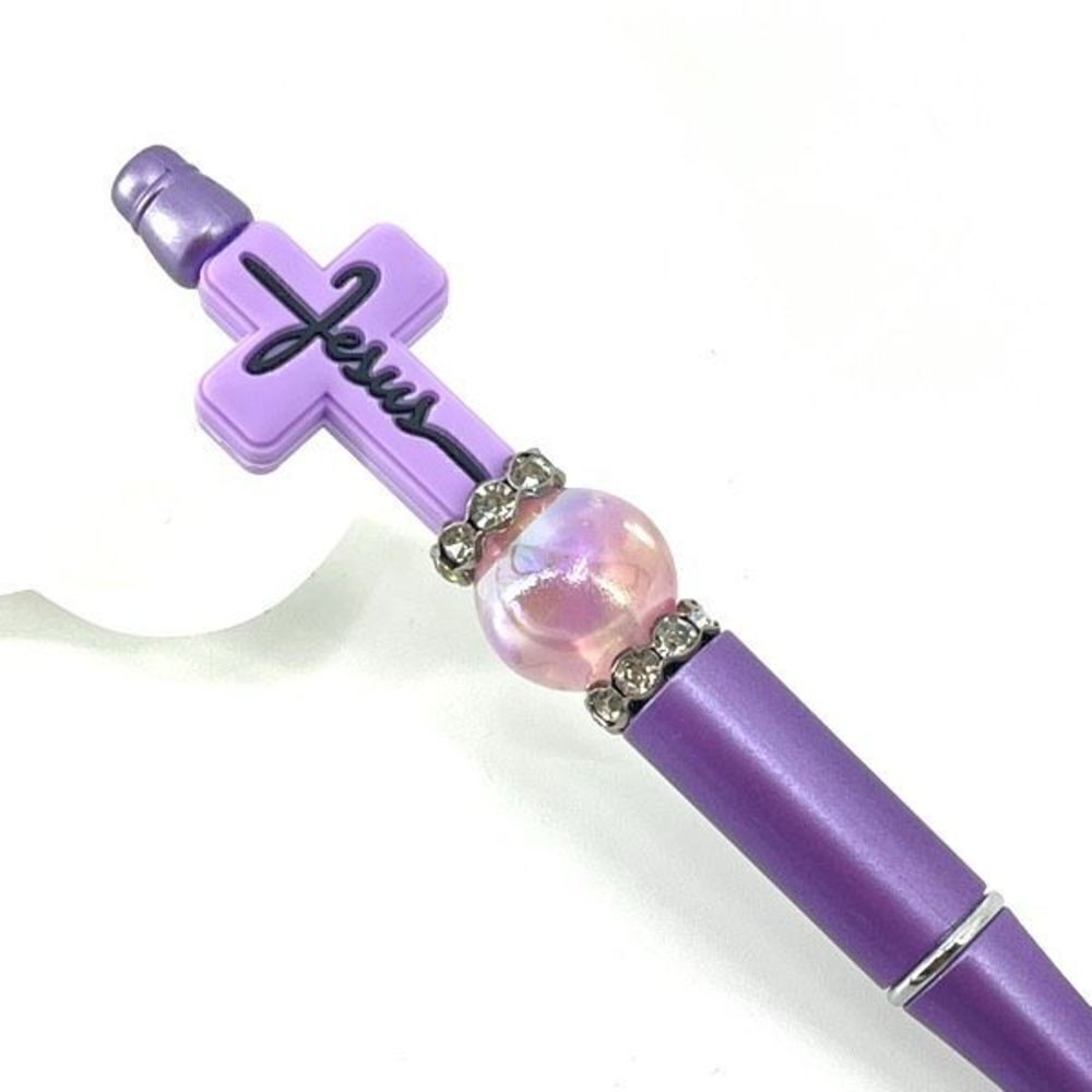 Jesus cross Christ Christian handmade pen NEW beads rhinestone bling lavender pu